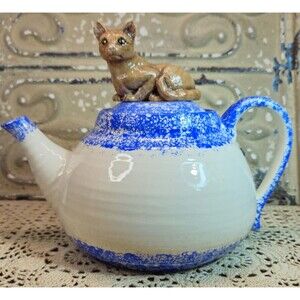 Vintage 1999 Signed Handcrafted & Painted Spongeware Ceramic Teapot w/ Cat Lid